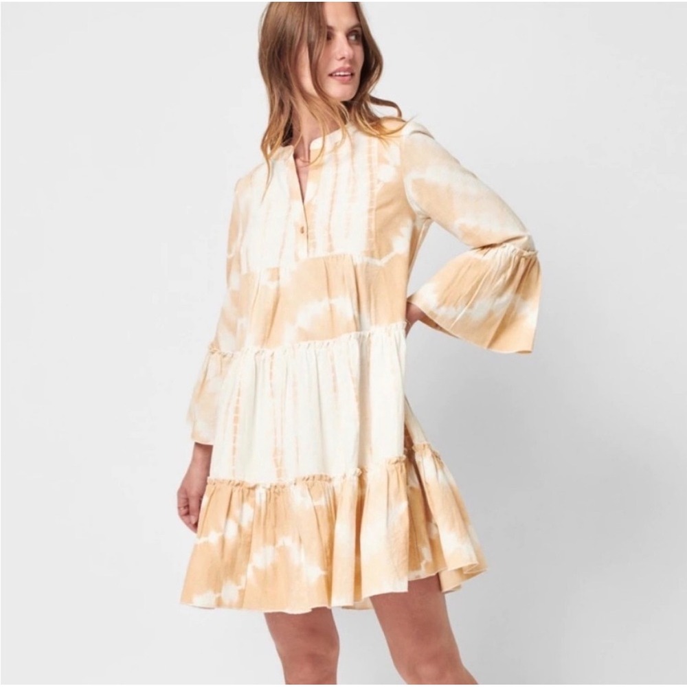 Faherty Vida Dress Women's Large Sand Tie Dye Organic‎ Cotton Tiered Bell Sleeve